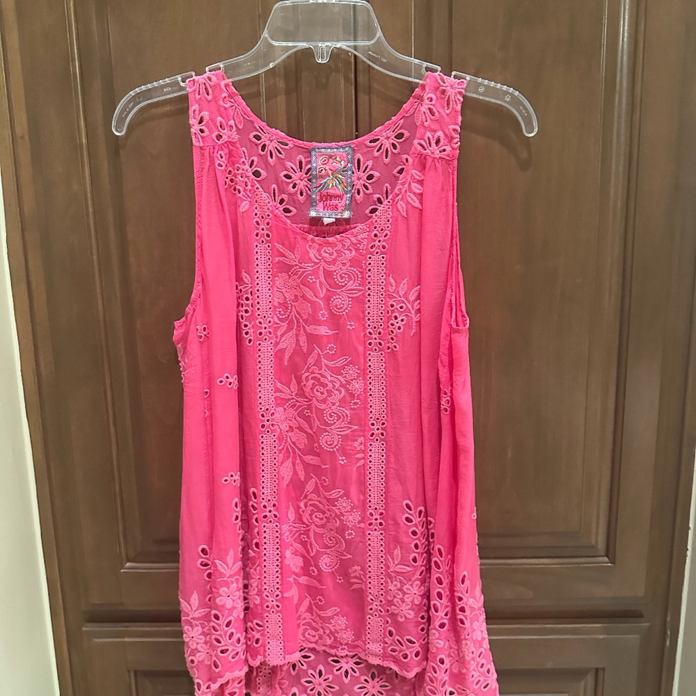 Johnny Was pink eyelet embroidery silk top
